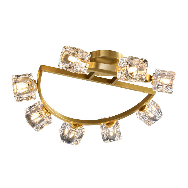 Gold Semi Mount Postmodern Metal Ceiling Light With Crystal Shade - Foyer Flush