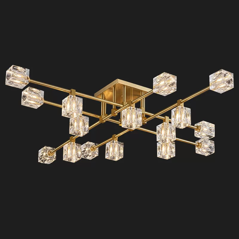 Postmodern Ice Cube Crystal Brass Flush Mounted Light With Multiple Heads - 12/16
