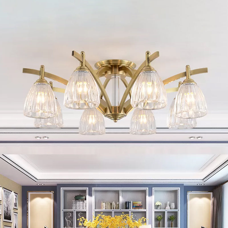 Modern Brass Semi Flush Mount Chandelier - Bell Textured Glass Ceiling Light For Living Room (3/6/8