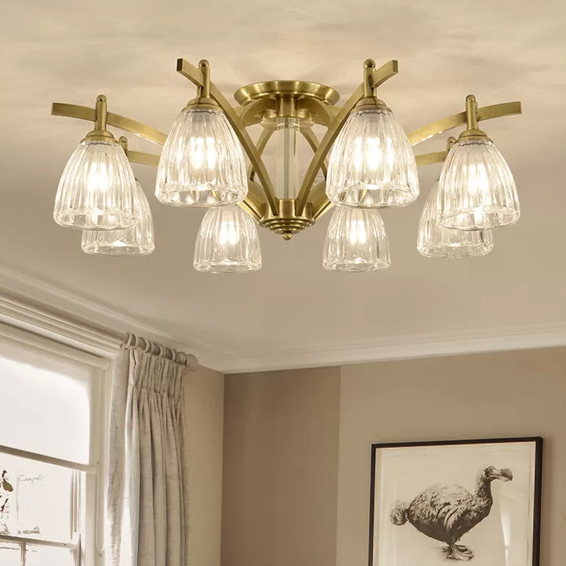 Modern Brass Semi Flush Mount Chandelier - Bell Textured Glass Ceiling Light for Living Room (3/6/8 Bulbs)