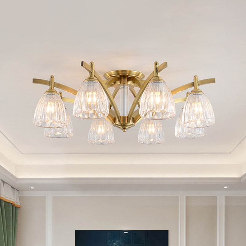 Modern Brass Semi Flush Mount Chandelier - Bell Textured Glass Ceiling Light For Living Room (3/6/8