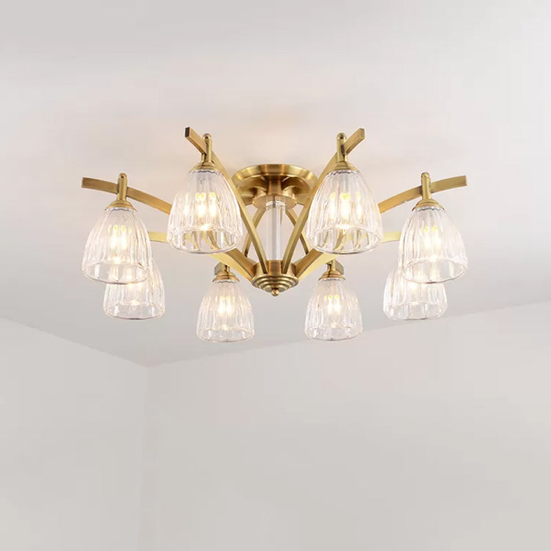 Modern Brass Semi Flush Mount Chandelier - Bell Textured Glass Ceiling Light For Living Room (3/6/8