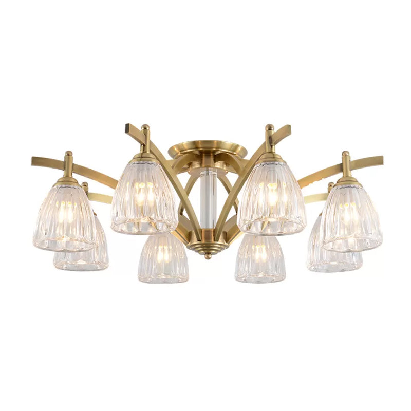 Modern Brass Semi Flush Mount Chandelier - Bell Textured Glass Ceiling Light for Living Room (3/6/8 Bulbs)