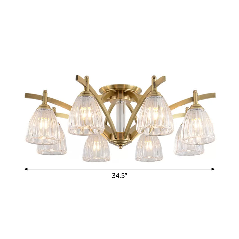 Modern Brass Semi Flush Mount Chandelier - Bell Textured Glass Ceiling Light For Living Room (3/6/8