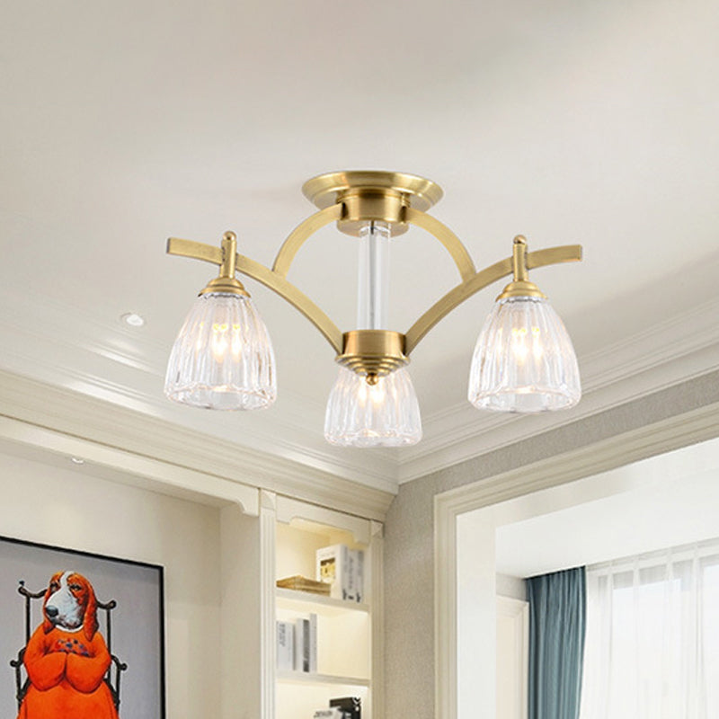 Modern Brass Semi Flush Mount Chandelier - Bell Textured Glass Ceiling Light for Living Room (3/6/8 Bulbs)
