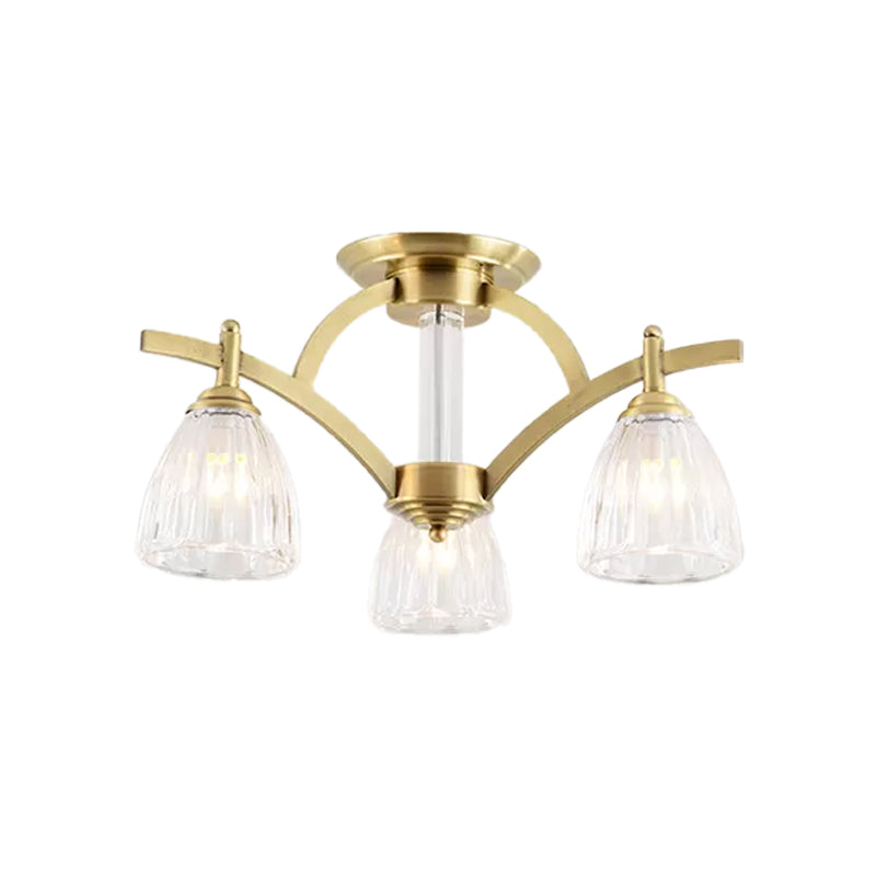 Modern Brass Semi Flush Mount Chandelier - Bell Textured Glass Ceiling Light for Living Room (3/6/8 Bulbs)