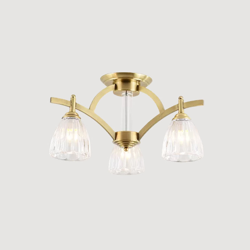 Modern Brass Semi Flush Mount Chandelier - Bell Textured Glass Ceiling Light For Living Room (3/6/8