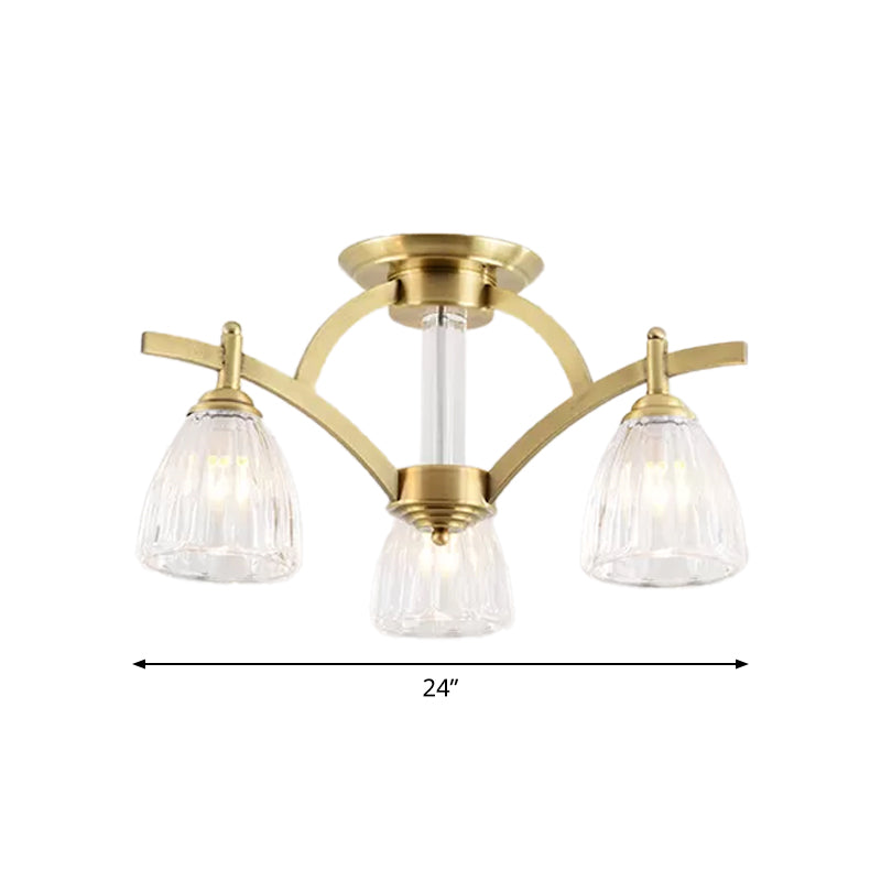 Modern Brass Semi Flush Mount Chandelier - Bell Textured Glass Ceiling Light for Living Room (3/6/8 Bulbs)