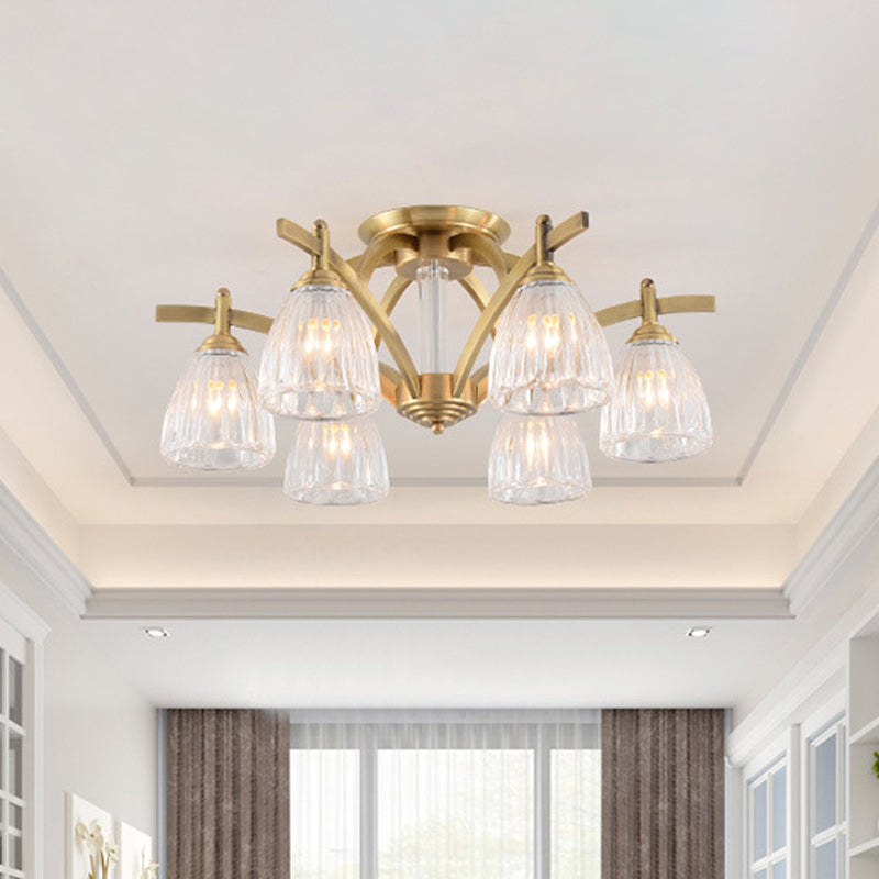 Modern Brass Semi Flush Mount Chandelier - Bell Textured Glass Ceiling Light for Living Room (3/6/8 Bulbs)