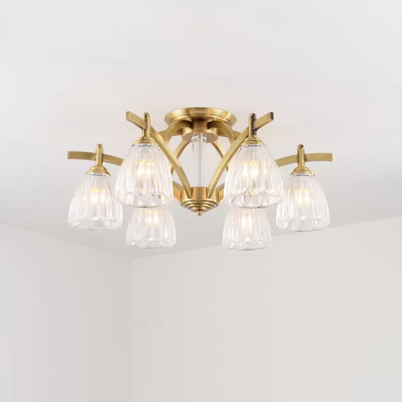 Modern Brass Semi Flush Mount Chandelier - Bell Textured Glass Ceiling Light For Living Room (3/6/8