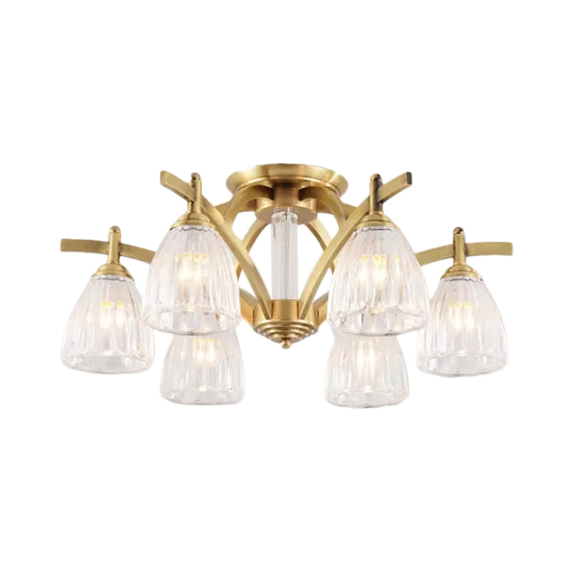 Modern Brass Semi Flush Mount Chandelier - Bell Textured Glass Ceiling Light for Living Room (3/6/8 Bulbs)