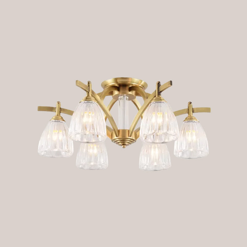 Modern Brass Semi Flush Mount Chandelier - Bell Textured Glass Ceiling Light For Living Room (3/6/8