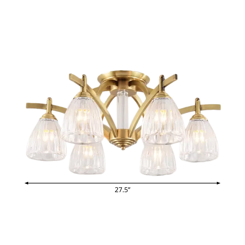Modern Brass Semi Flush Mount Chandelier - Bell Textured Glass Ceiling Light For Living Room (3/6/8