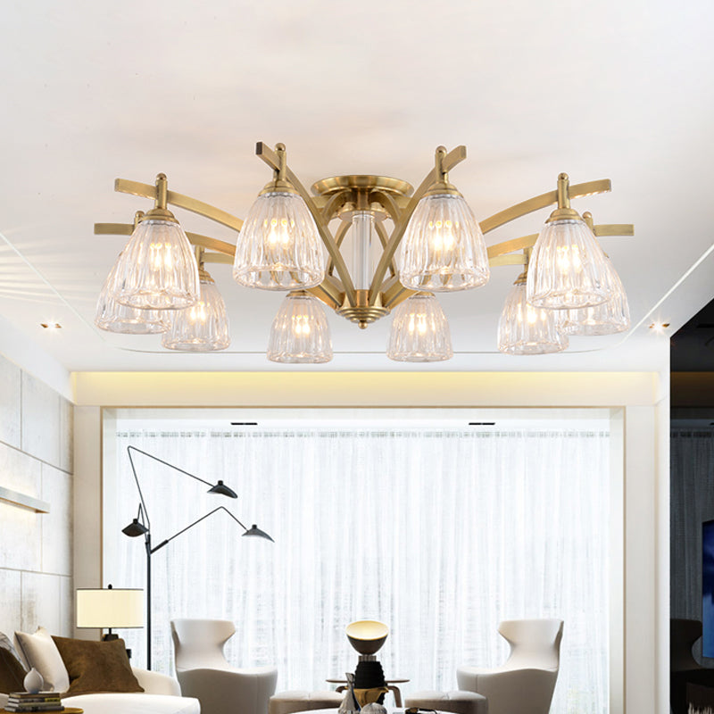 Modern Brass Semi Flush Mount Chandelier - Bell Textured Glass Ceiling Light for Living Room (3/6/8 Bulbs)