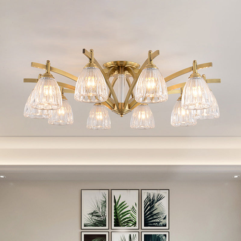 Modern Brass Semi Flush Mount Chandelier - Bell Textured Glass Ceiling Light For Living Room (3/6/8