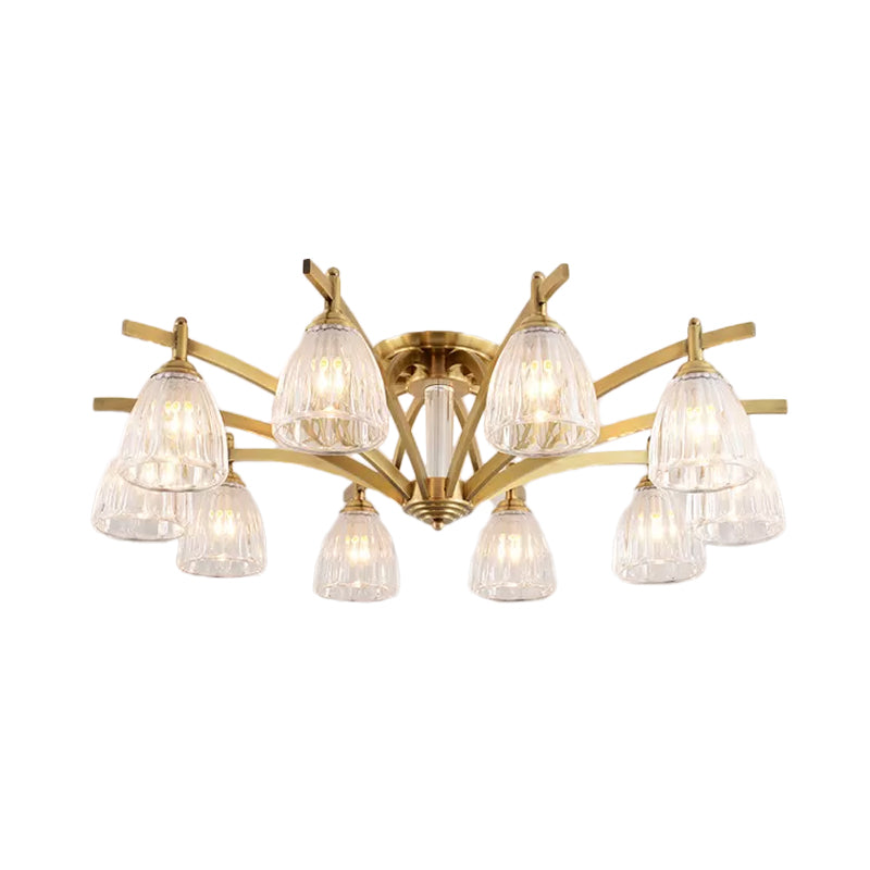 Modern Brass Semi Flush Mount Chandelier - Bell Textured Glass Ceiling Light For Living Room (3/6/8
