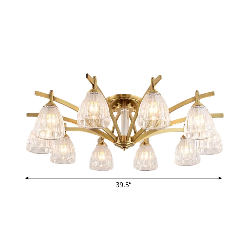 Modern Brass Semi Flush Mount Chandelier - Bell Textured Glass Ceiling Light for Living Room (3/6/8 Bulbs)