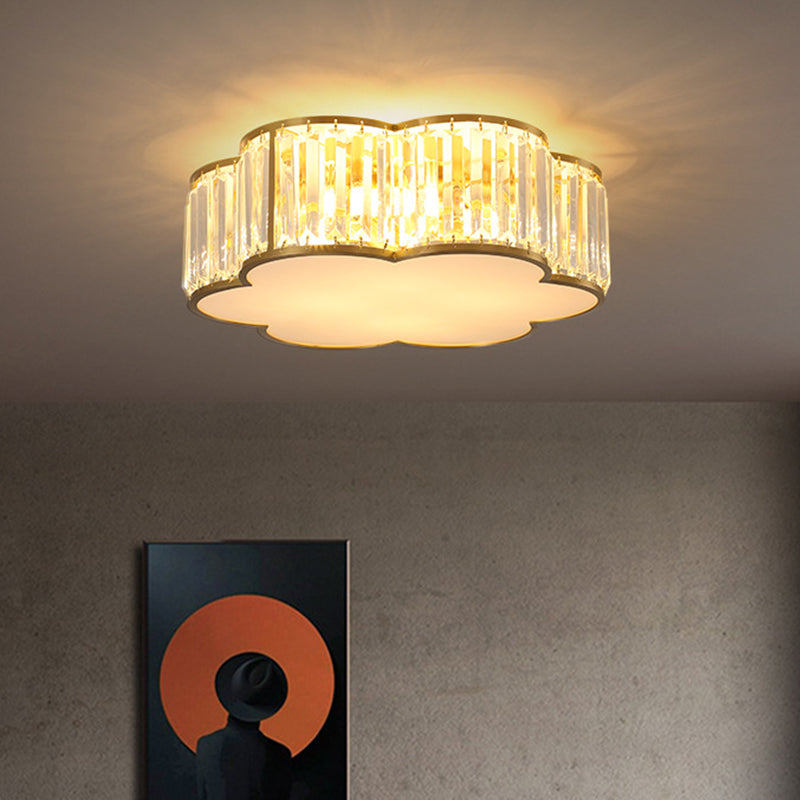 Flower Ceiling Lamp with Prismatic Crystal, Minimalist Black/Gold, Available in 3 Sizes, Flush Mount Light Fixture