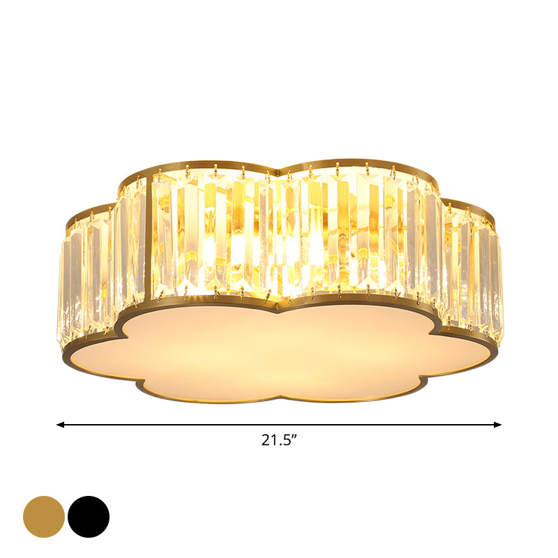 Flower Ceiling Lamp with Prismatic Crystal, Minimalist Black/Gold, Available in 3 Sizes, Flush Mount Light Fixture