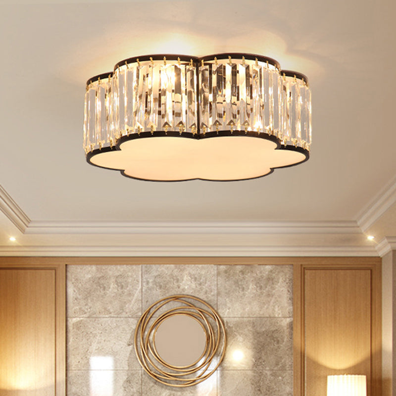Flower Ceiling Lamp with Prismatic Crystal, Minimalist Black/Gold, Available in 3 Sizes, Flush Mount Light Fixture