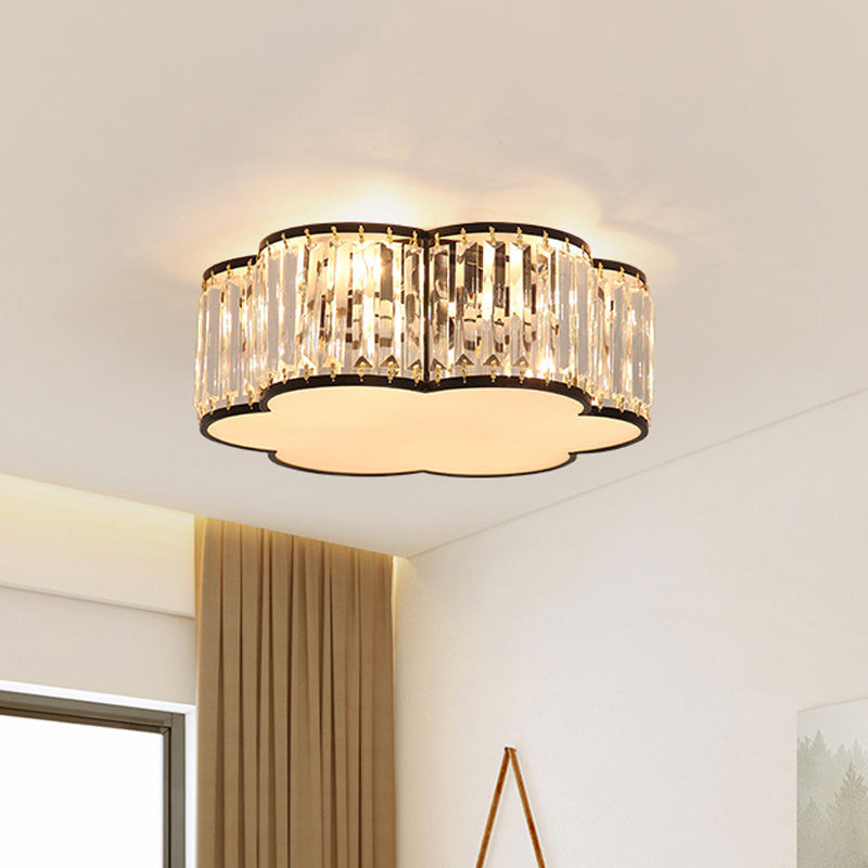 Flower Ceiling Lamp with Prismatic Crystal, Minimalist Black/Gold, Available in 3 Sizes, Flush Mount Light Fixture
