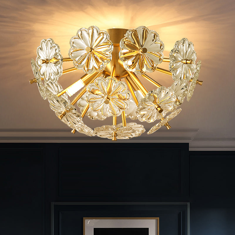 Modern Crystal Bouquet Semi Flush Mount Ceiling Lamp - Gold, 3/5 Lights - Bedroom Lighting