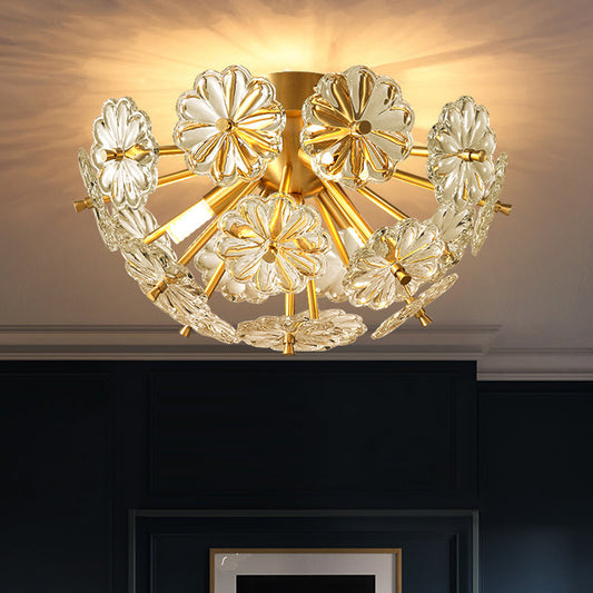 Modern Crystal Bouquet Semi Flush Mount Ceiling Lamp - Gold, 3/5 Lights - Bedroom Lighting