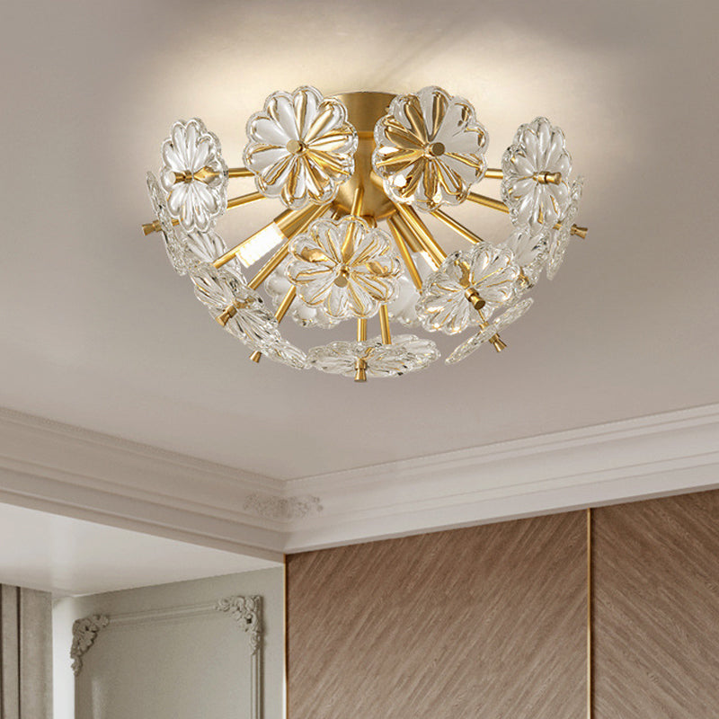 Modern Crystal Bouquet Semi Flush Mount Ceiling Lamp - Gold 3/5 Lights Bedroom Lighting