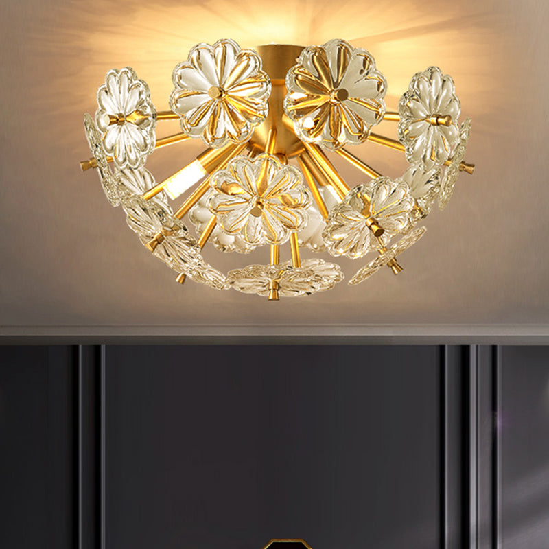 Modern Crystal Bouquet Semi Flush Mount Ceiling Lamp - Gold 3/5 Lights Bedroom Lighting