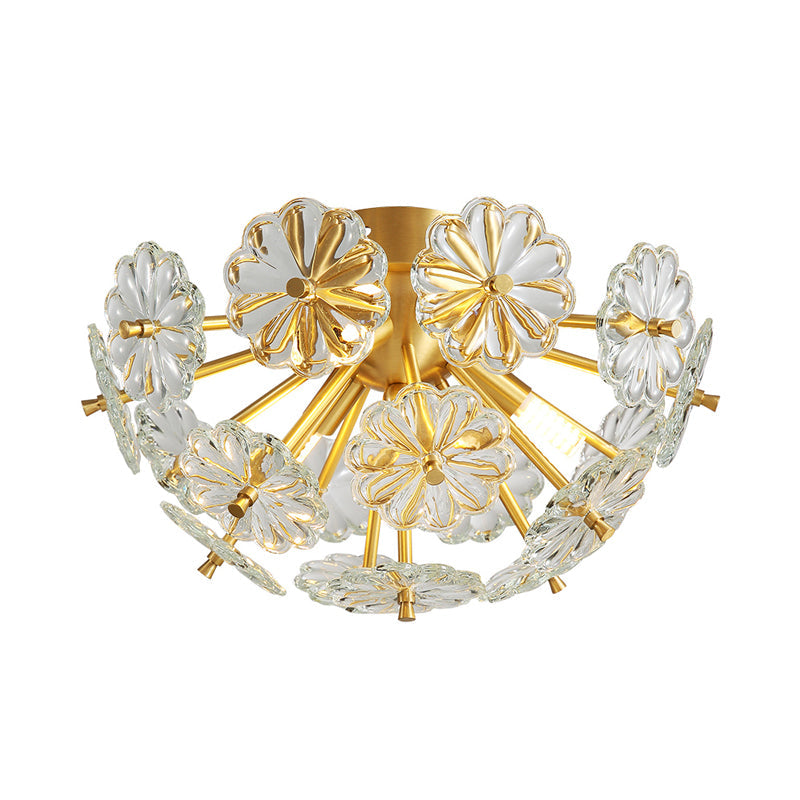 Modern Crystal Bouquet Semi Flush Mount Ceiling Lamp - Gold 3/5 Lights Bedroom Lighting