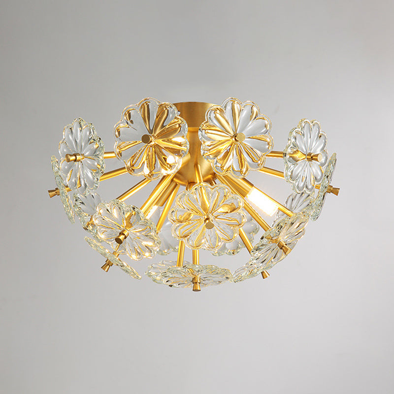 Modern Crystal Bouquet Semi Flush Mount Ceiling Lamp - Gold 3/5 Lights Bedroom Lighting