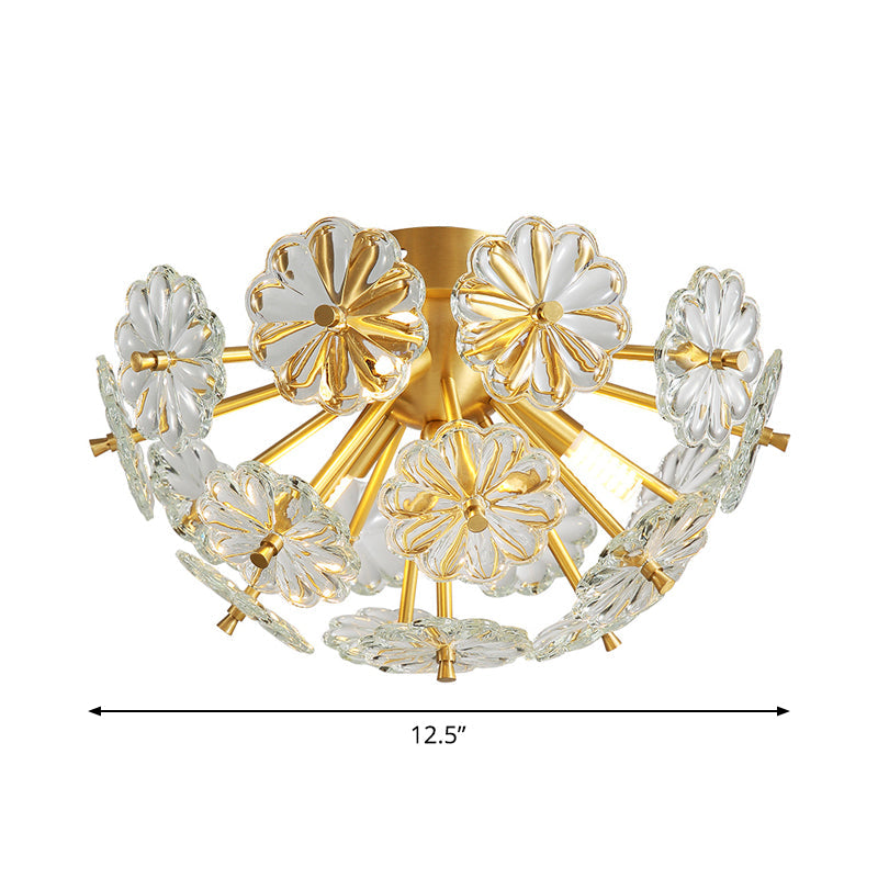 Modern Crystal Bouquet Semi Flush Mount Ceiling Lamp - Gold 3/5 Lights Bedroom Lighting