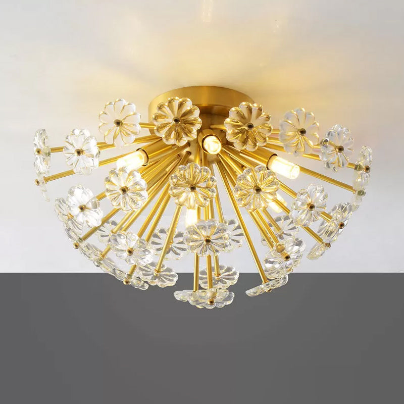 Modern Crystal Bouquet Semi Flush Mount Ceiling Lamp - Gold, 3/5 Lights - Bedroom Lighting