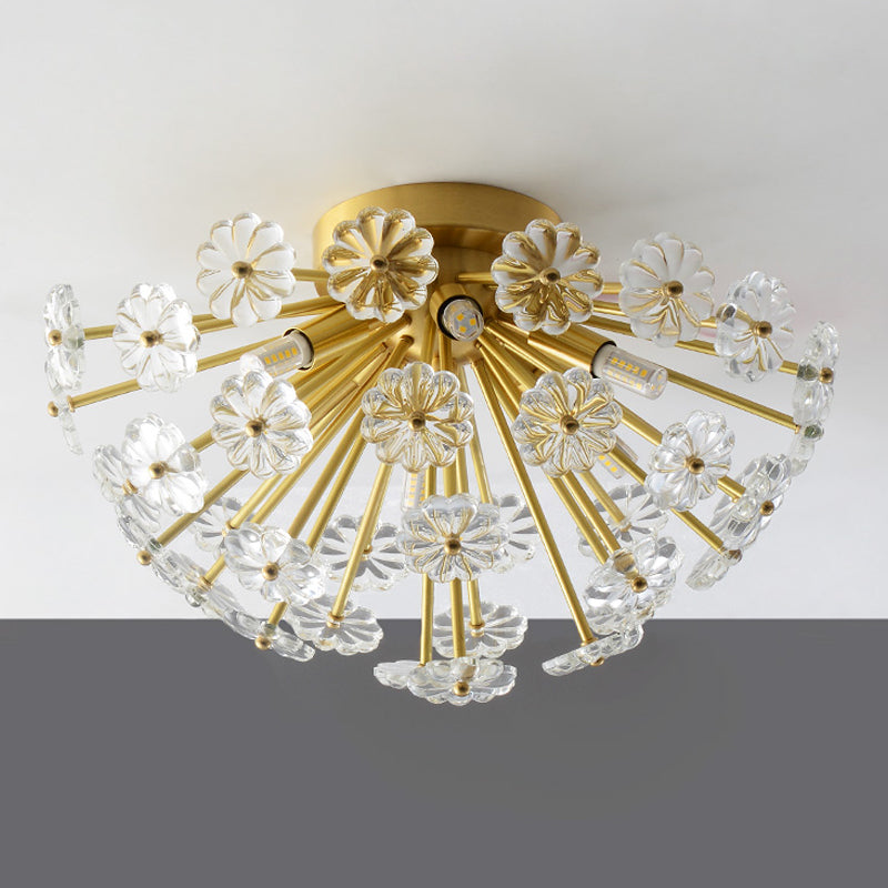 Modern Crystal Bouquet Semi Flush Mount Ceiling Lamp - Gold, 3/5 Lights - Bedroom Lighting