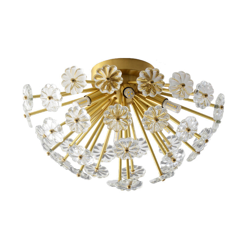 Modern Crystal Bouquet Semi Flush Mount Ceiling Lamp - Gold, 3/5 Lights - Bedroom Lighting