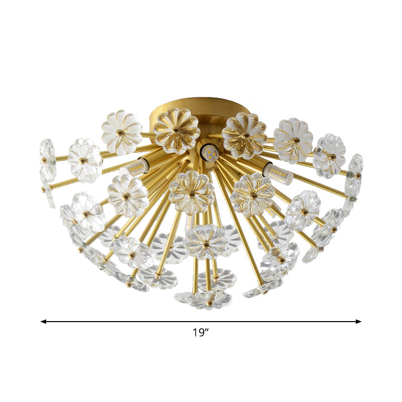 Modern Crystal Bouquet Semi Flush Mount Ceiling Lamp - Gold 3/5 Lights Bedroom Lighting
