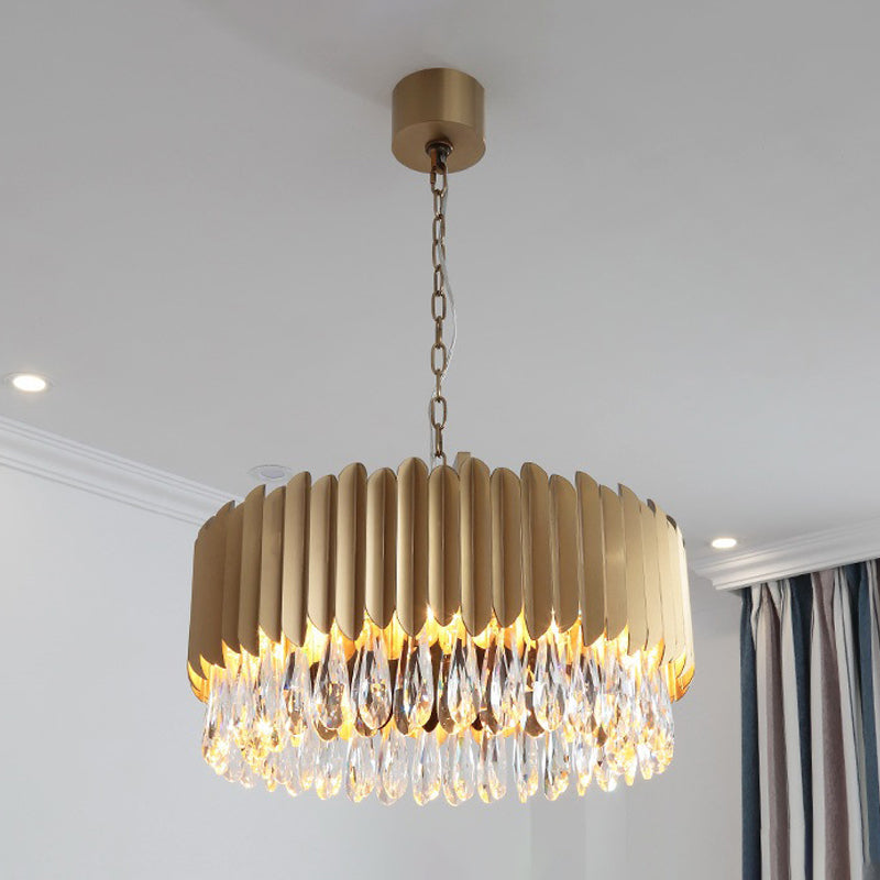 Lampe à suspension à tambour en métal minimaliste avec lustre suspendu à LED - 23,5" x 31,5" - Noir/or avec goutte à goutte en cristal