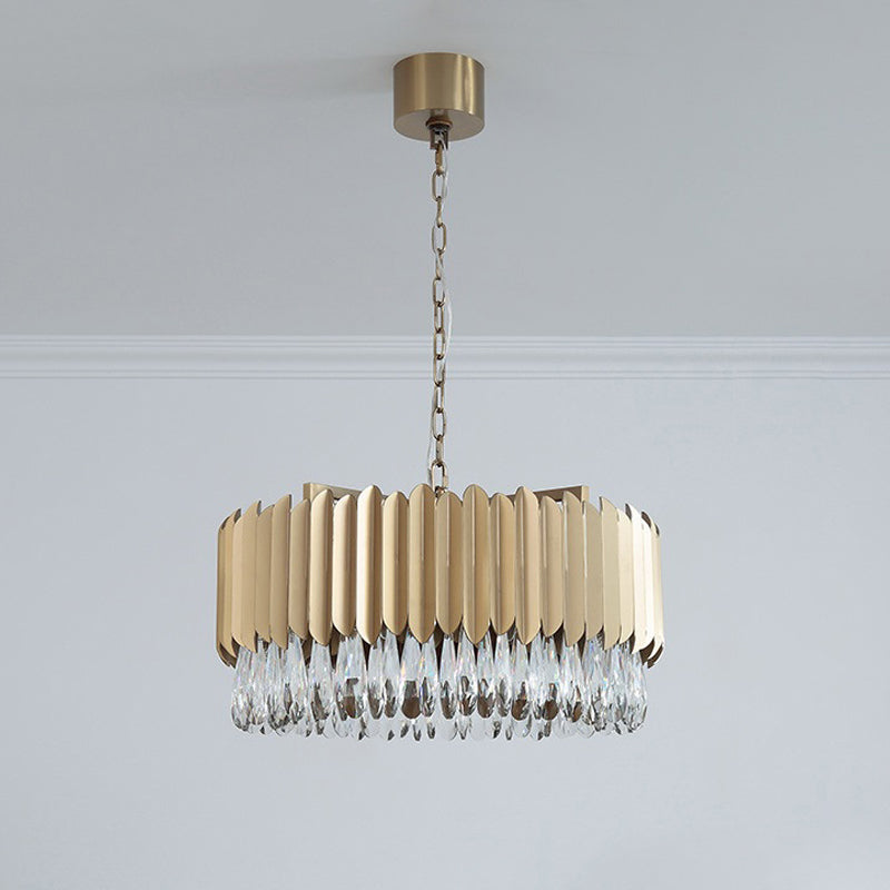 Lampe à suspension à tambour en métal minimaliste avec lustre suspendu à LED - 23,5" x 31,5" - Noir/or avec goutte à goutte en cristal