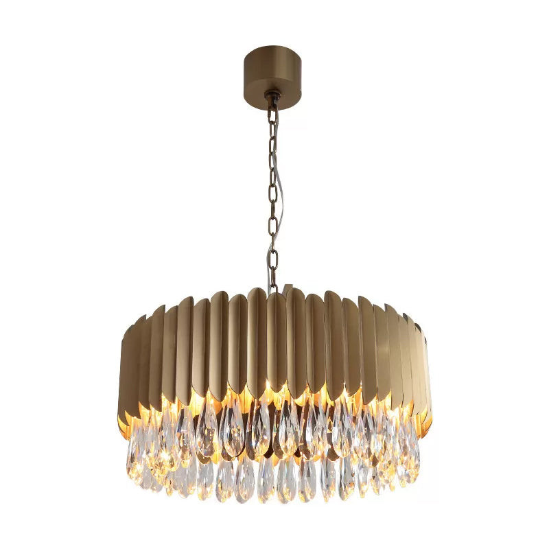 Lampe à suspension à tambour en métal minimaliste avec lustre suspendu à LED - 23,5" x 31,5" - Noir/or avec goutte à goutte en cristal