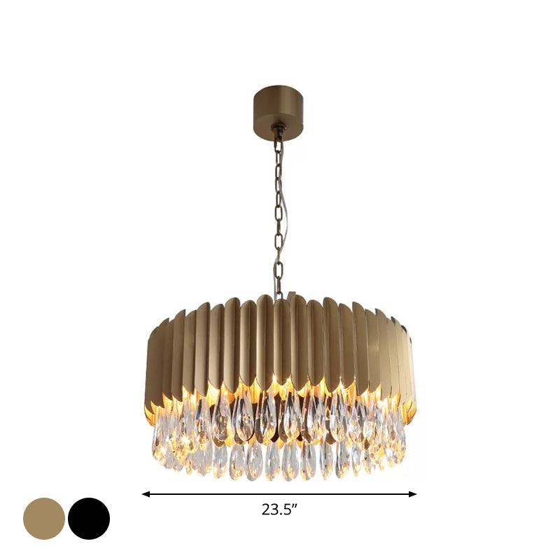 Lampe à suspension à tambour en métal minimaliste avec lustre suspendu à LED - 23,5" x 31,5" - Noir/or avec goutte à goutte en cristal