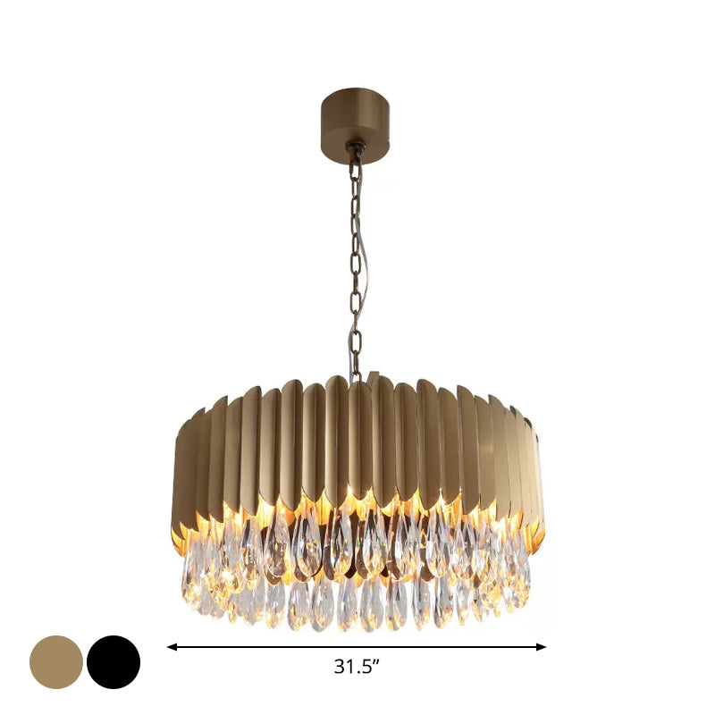 Lampe à suspension à tambour en métal minimaliste avec lustre suspendu à LED - 23,5" x 31,5" - Noir/or avec goutte à goutte en cristal