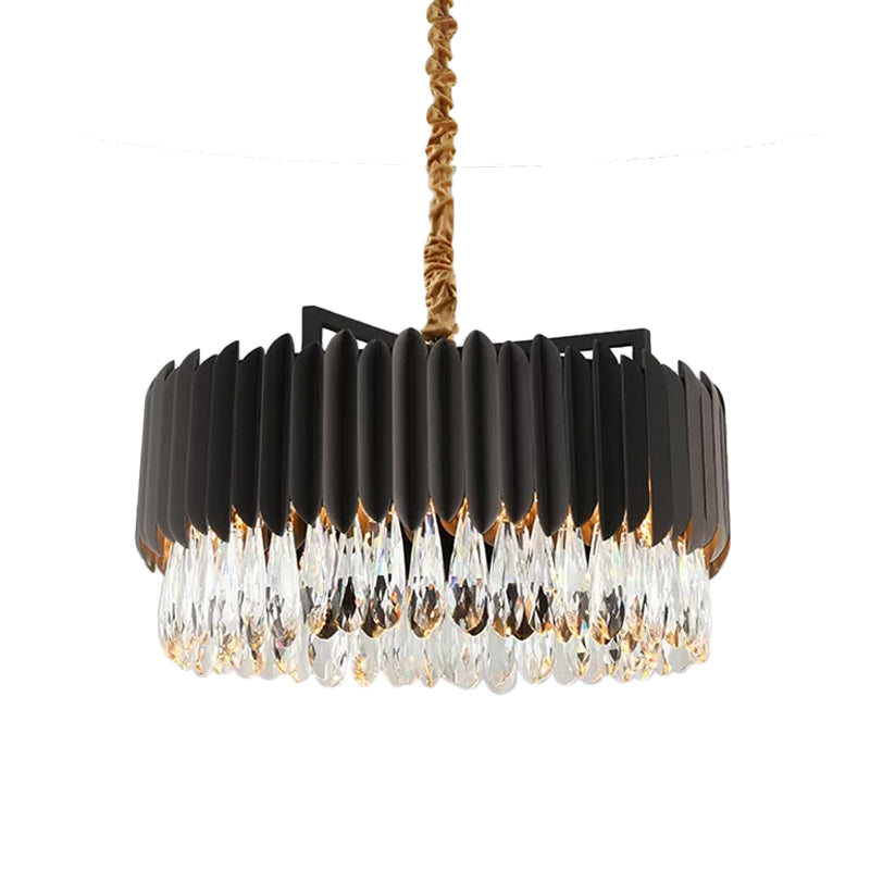 Lampe à suspension à tambour en métal minimaliste avec lustre suspendu à LED - 23,5" x 31,5" - Noir/or avec goutte à goutte en cristal