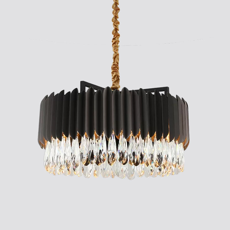 Lampe à suspension à tambour en métal minimaliste avec lustre suspendu à LED - 23,5" x 31,5" - Noir/or avec goutte à goutte en cristal