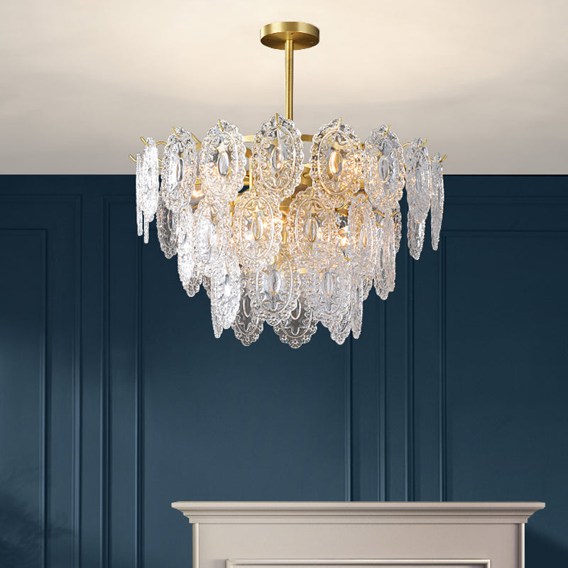 Lustre en verre festonné - Suspension moderne dorée avec 2/3/4 niveaux et 6/12/16 ampoules pour suspension de salle à manger