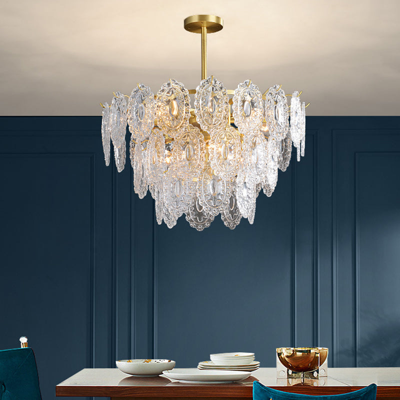 Lustre en verre festonné - Suspension moderne dorée avec 2/3/4 niveaux et 6/12/16 ampoules pour suspension de salle à manger