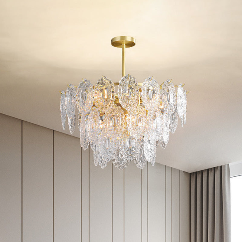 Lustre en verre festonné - Suspension moderne dorée avec 2/3/4 niveaux et 6/12/16 ampoules pour suspension de salle à manger