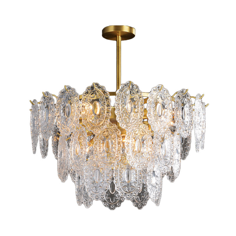 Lustre en verre festonné - Suspension moderne dorée avec 2/3/4 niveaux et 6/12/16 ampoules pour suspension de salle à manger