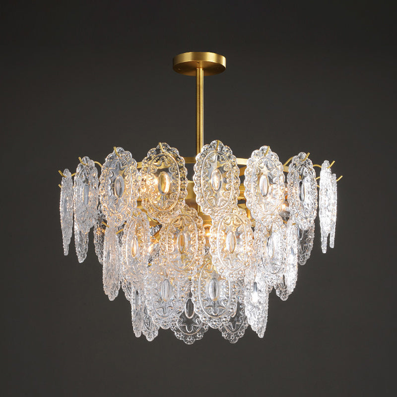 Lustre en verre festonné - Suspension moderne dorée avec 2/3/4 niveaux et 6/12/16 ampoules pour suspension de salle à manger
