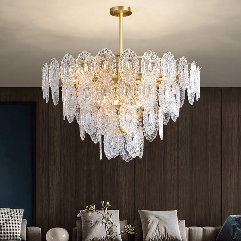 Lustre en verre festonné - Suspension moderne dorée avec 2/3/4 niveaux et 6/12/16 ampoules pour suspension de salle à manger