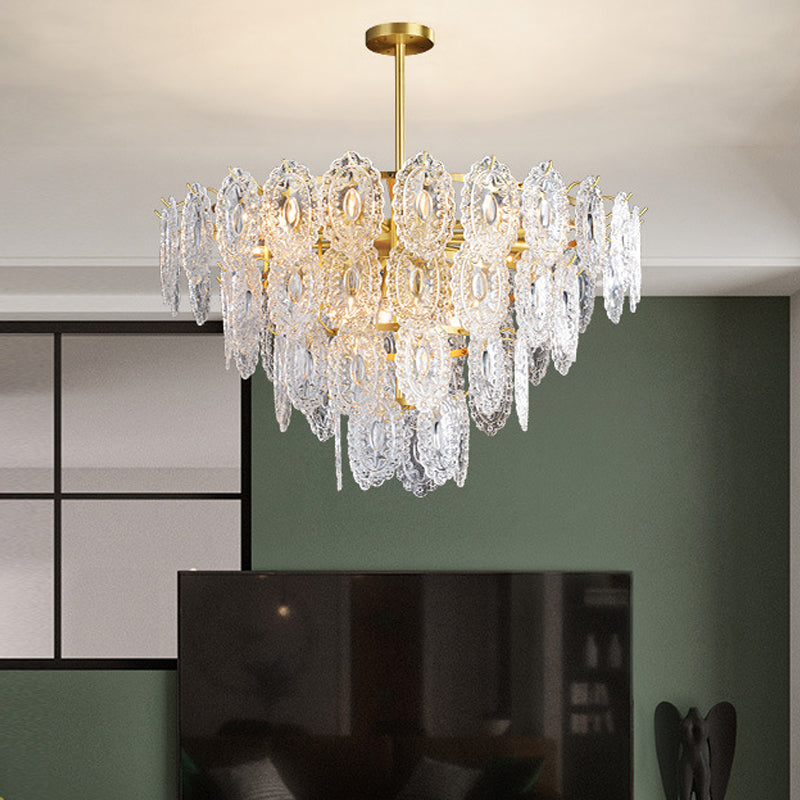 Lustre en verre festonné - Suspension moderne dorée avec 2/3/4 niveaux et 6/12/16 ampoules pour suspension de salle à manger